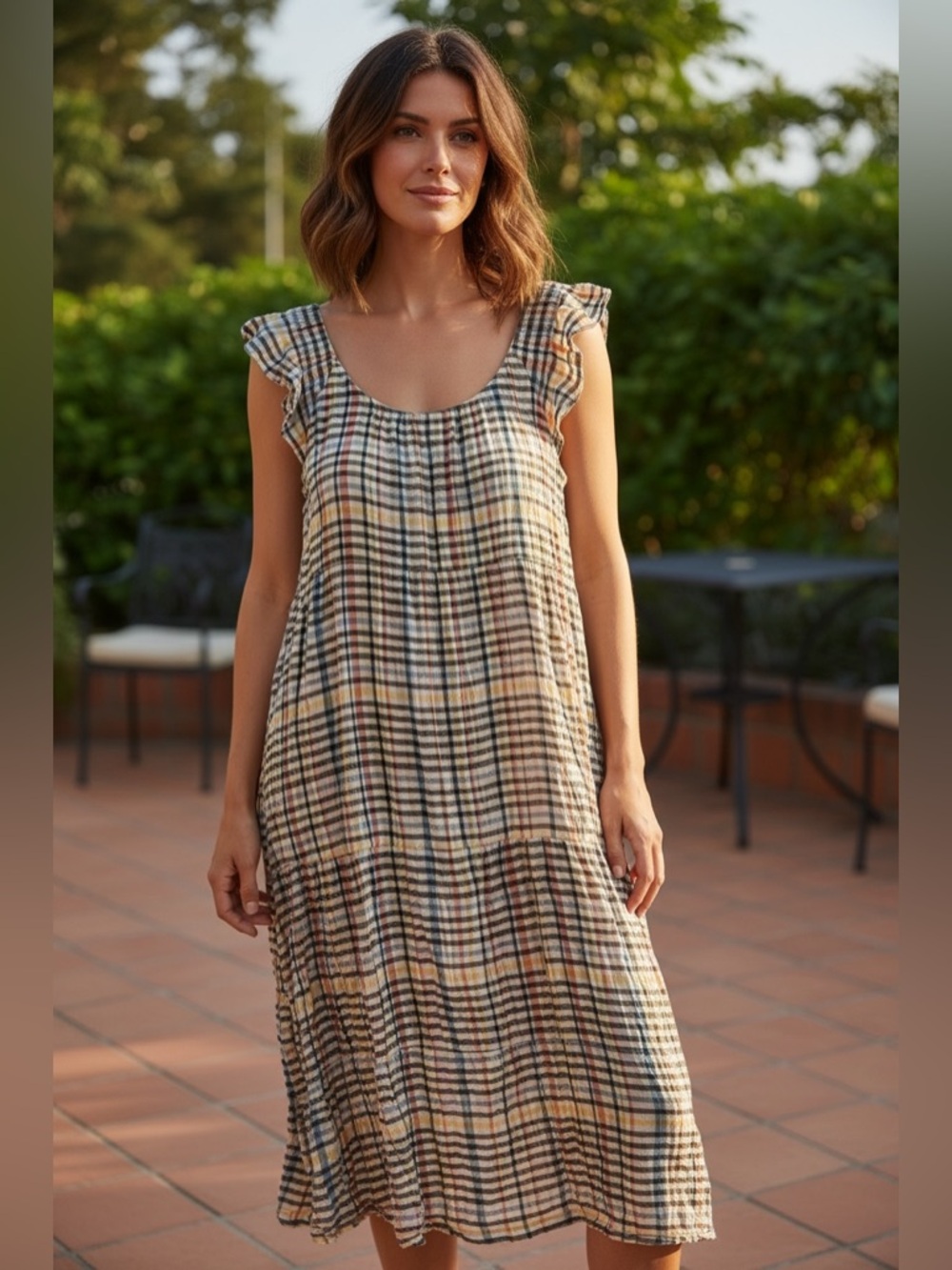 LOFT Beige Plaid Flutter-Sleeve Maxi Dress